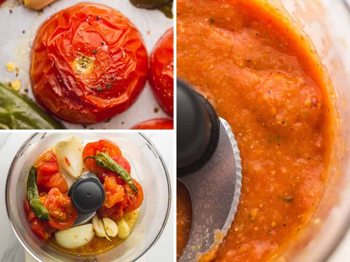 Placing the roasted vegetables in a food processor to get a smooth salsa, a collage with 3 images.