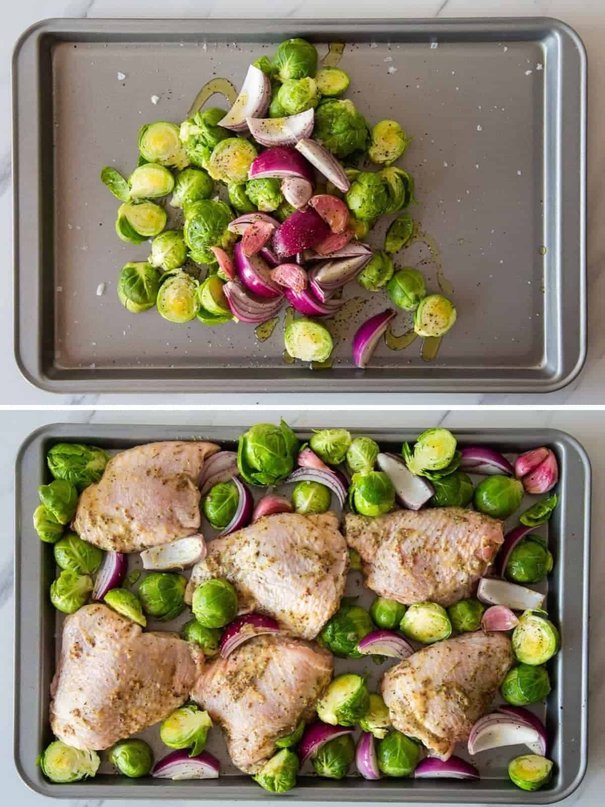 Steps how to add the veggies and chicken thighs to the sheet pan before roasting