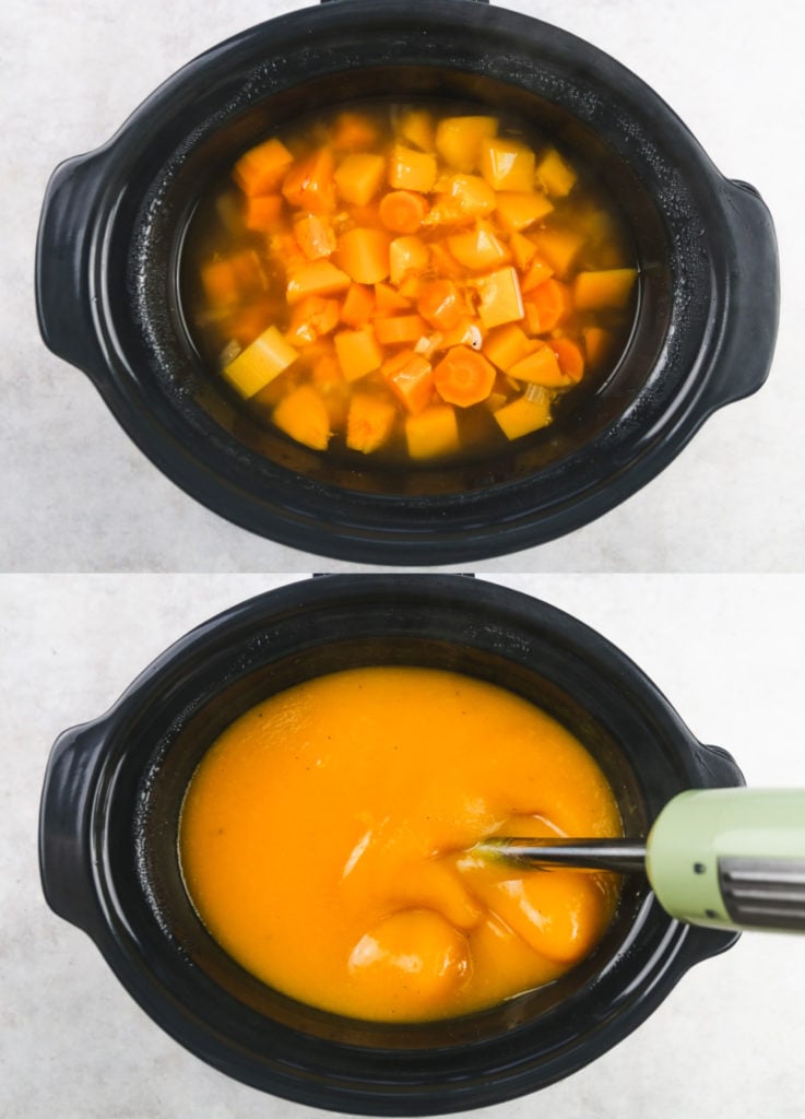 How to blend the cooked ingredients using a hand blender to make a smooth puree soup