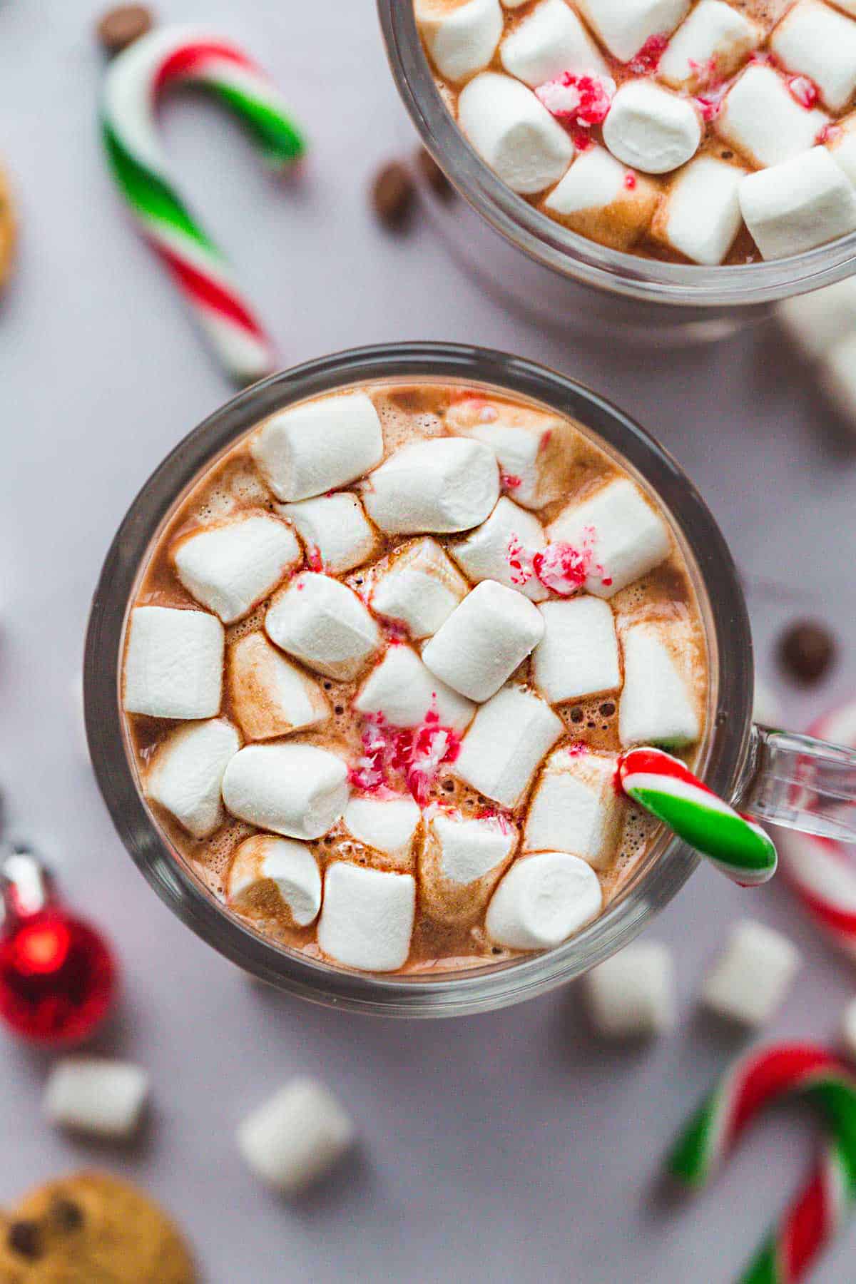 A top view of the hot chocolate with melted marshmallows