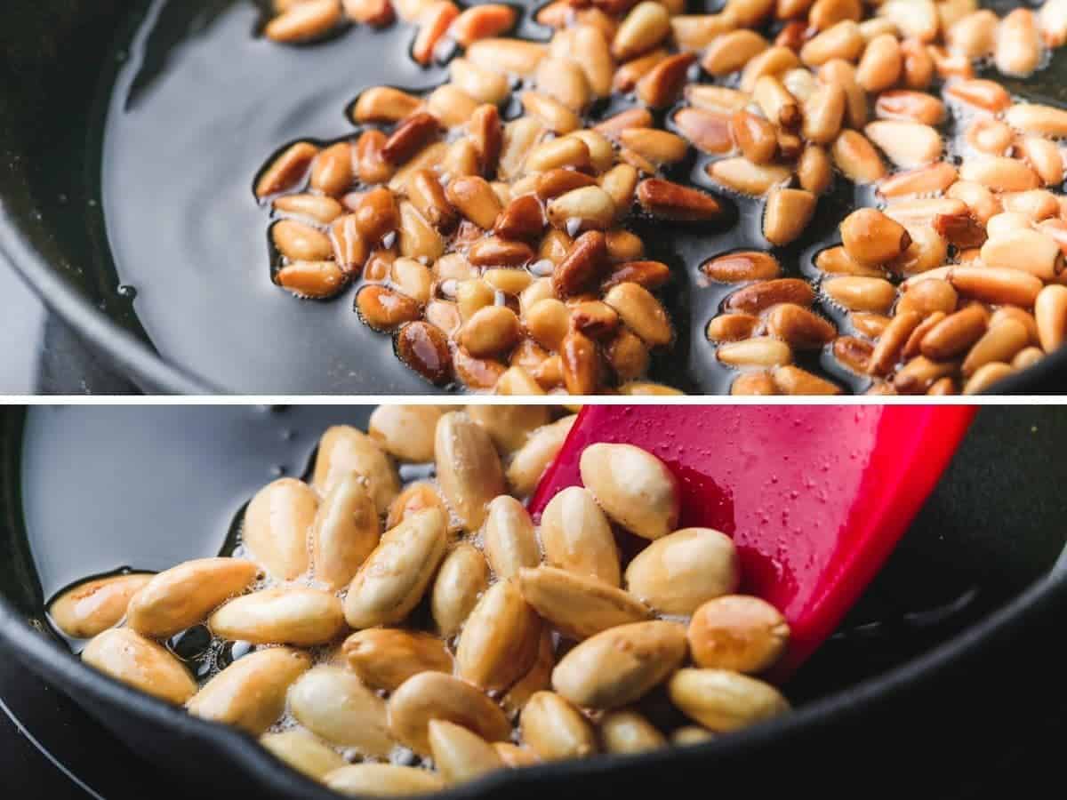 Toasting pine nuts and almonds in oil