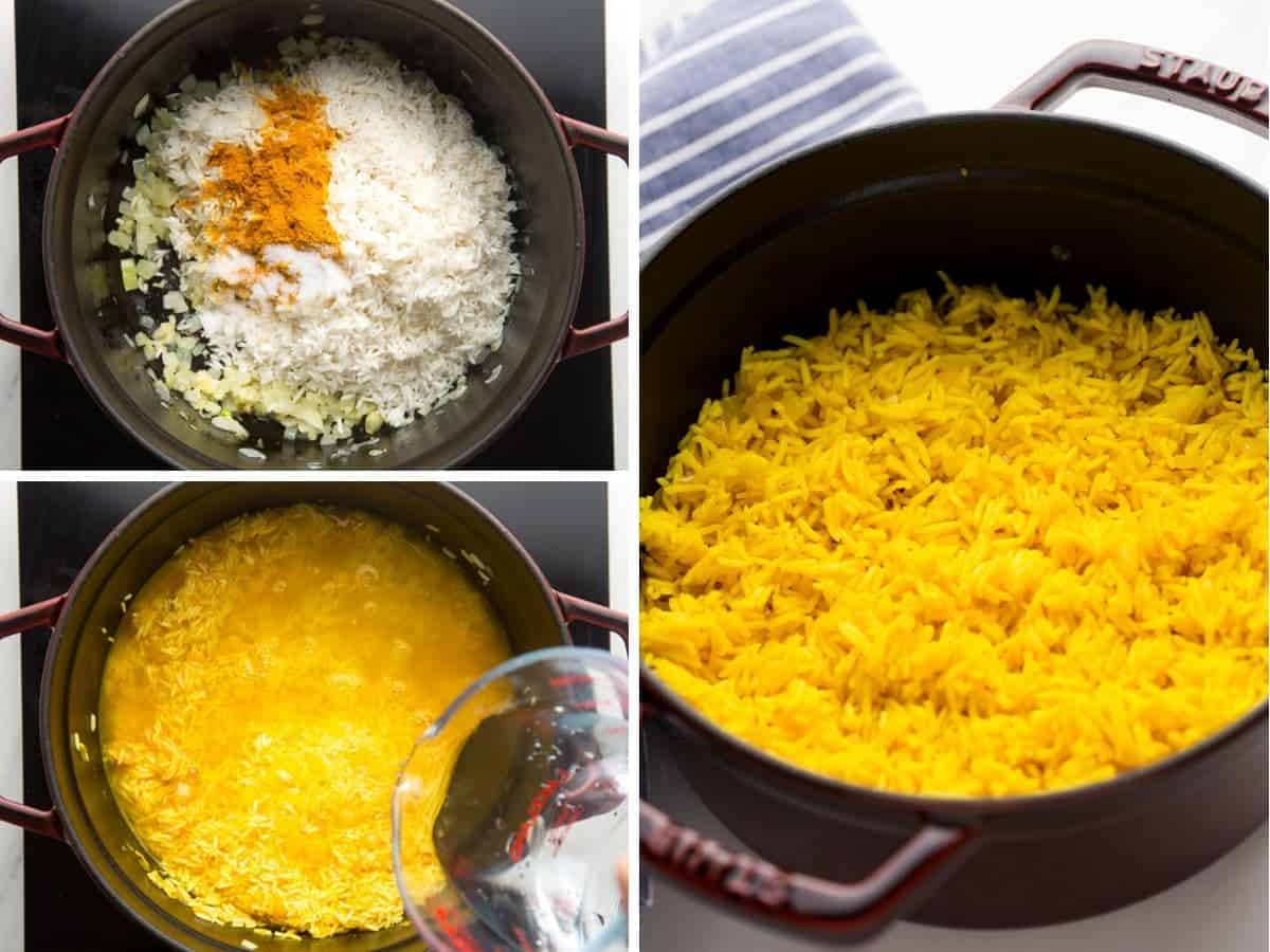 A collage with 3 images on how to make turmeric rice over the stovetop
