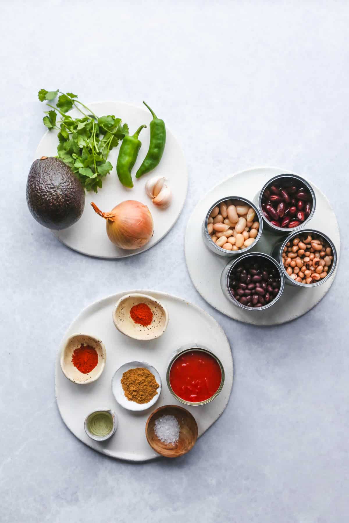 The best vegan chili ingredients in a flat lay image.