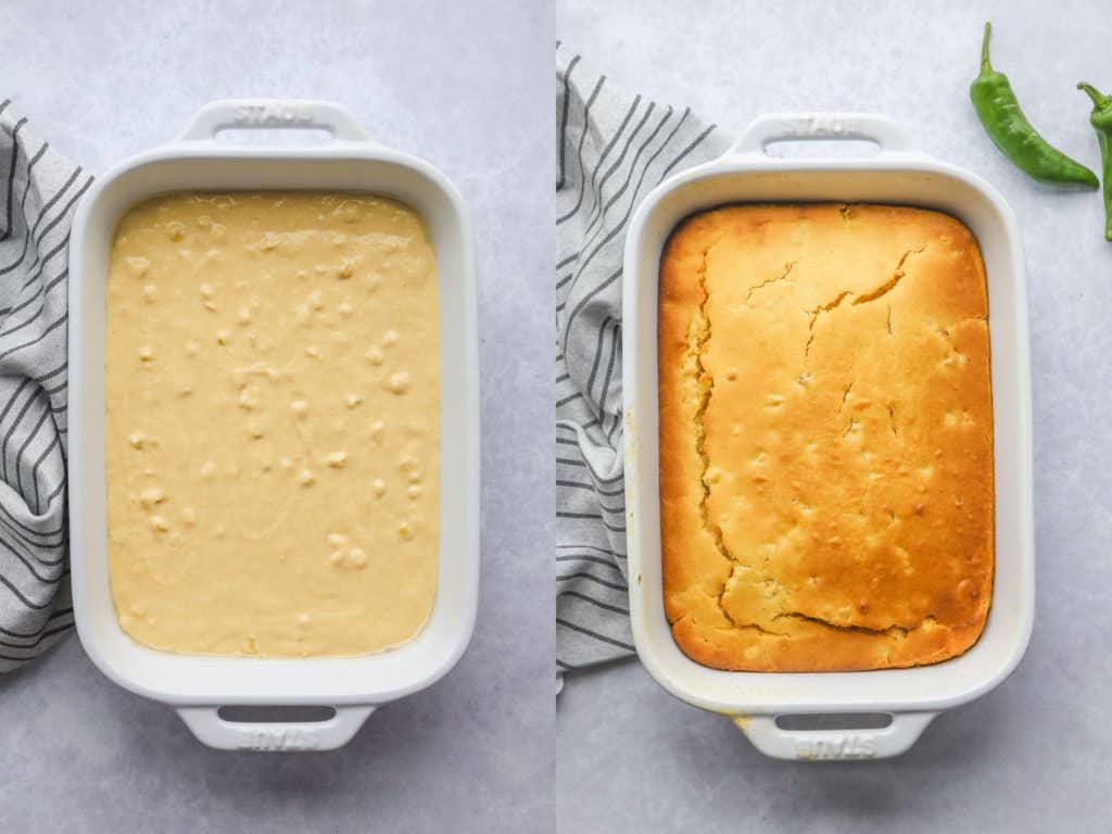 Cornbread batter in baking dish vs baked cornbread in the same oven dish