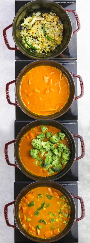 A collage with steps of how to make pumpkin curry