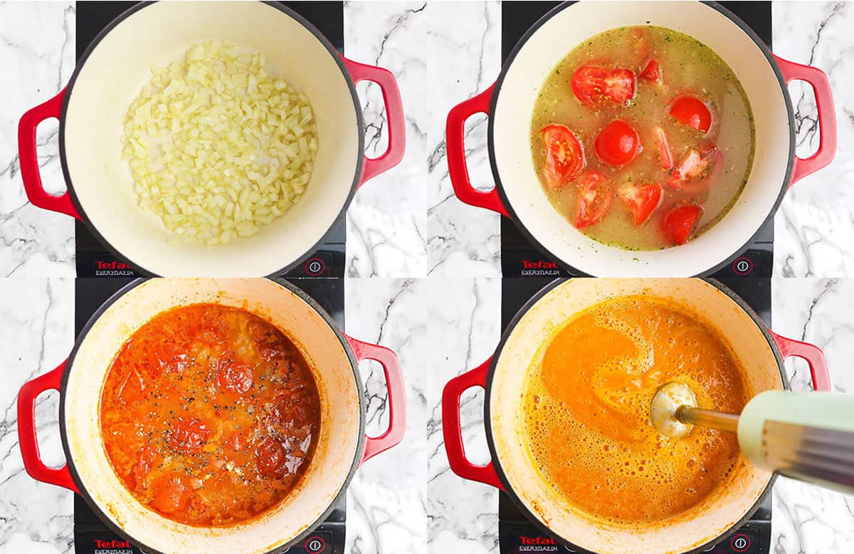 Step by step how to make tomato soup, 4 steps in total in a collage